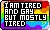 A rainbow pride flag with the text 'I am tired and gay but mostly tired' overlaid on top.